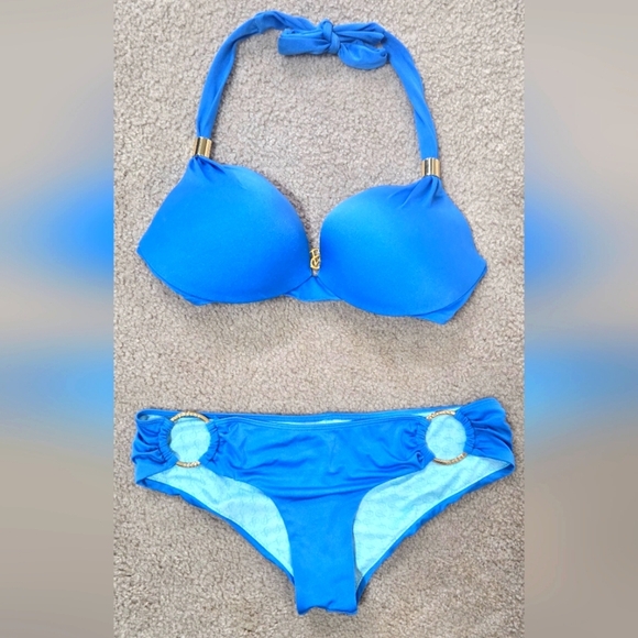 Victoria's Secret Bombshell Push-Up Add 2 Cups Blue Bikini 34DD And Medium - Picture 1 of 12